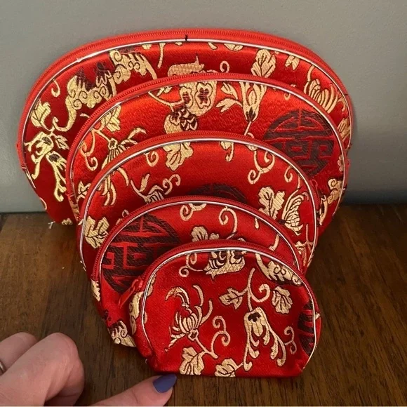 Red Faux Silk Floral Makeup
Bag Travel Clutch Asian Chinoiserie Set Of 5 NEW - Picture 5 of 11